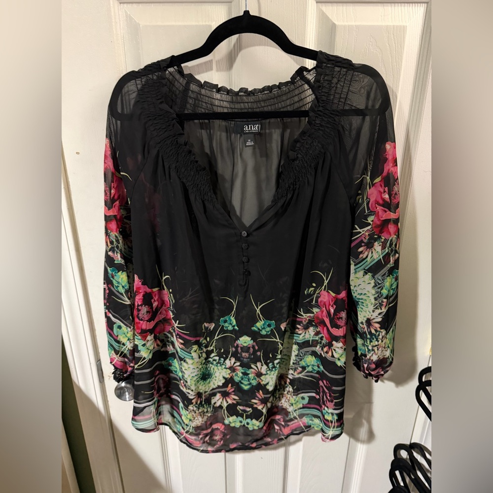 ❣️❄️a.n.a Sheer Black Blouse with Pink and Green Floral Pattern